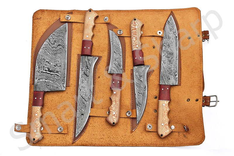 Smart & Sharp Custom Handmade Damascus Chef Knives Set/Kitchen Knives 5 Pieces Set SS-17210 and 17211 Poplar Wood (Poplar Wood) - Image 1